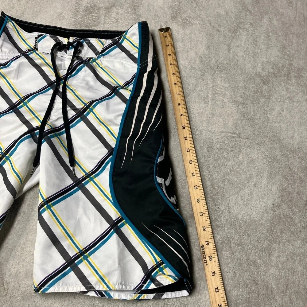Y2K Fox Racing Board Shorts Plaid Geometric Abstract Big Logo Mens 30
